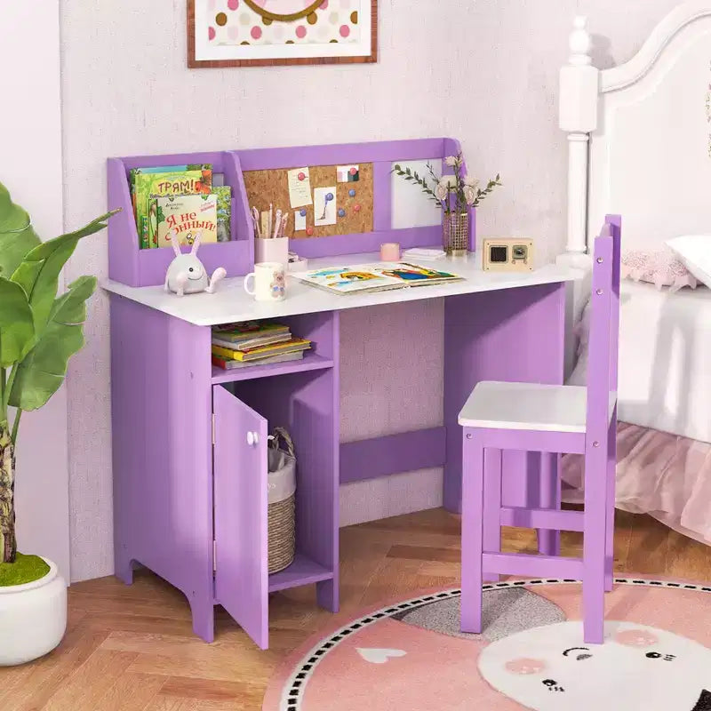 Bureau d'étude pour enfants Costway avec chaise, tableau blanc, marqueur, étagère, armoire de rangement violet/blanc