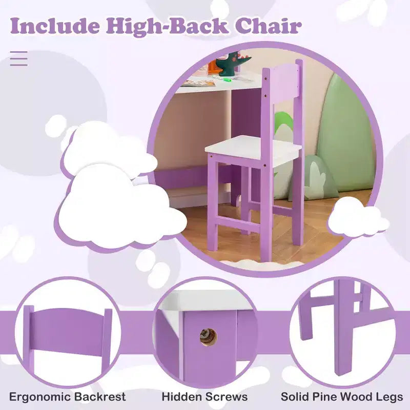 Bureau d'étude pour enfants Costway avec chaise, tableau blanc, marqueur, étagère, armoire de rangement violet/blanc