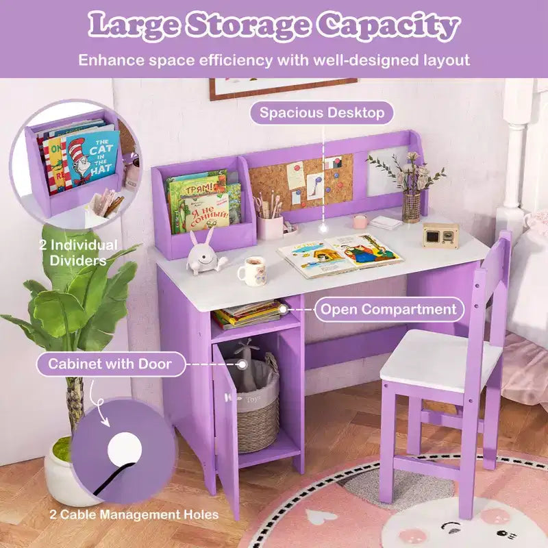 Bureau d'étude pour enfants Costway avec chaise, tableau blanc, marqueur, étagère, armoire de rangement violet/blanc