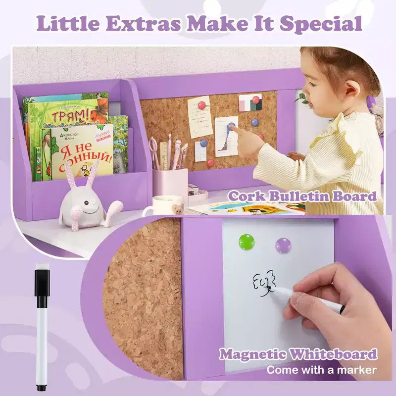 Bureau d'étude pour enfants Costway avec chaise, tableau blanc, marqueur, étagère, armoire de rangement violet/blanc