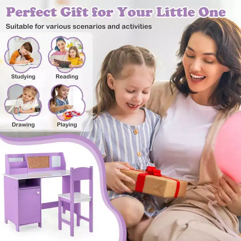 Bureau d'étude pour enfants Costway avec chaise, tableau blanc, marqueur, étagère, armoire de rangement violet/blanc