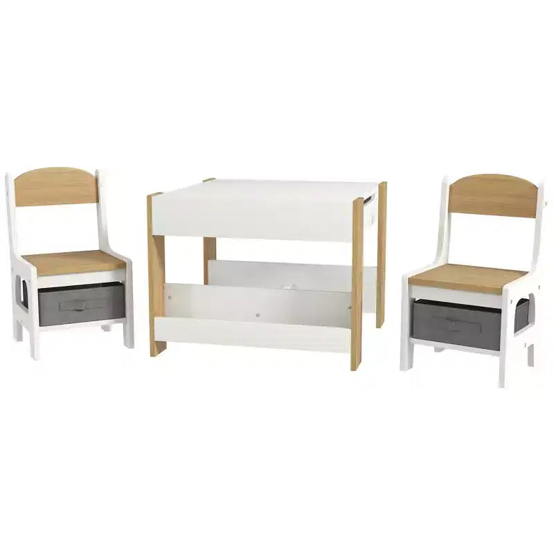 Ensemble table et chaises Qaba 3 pièces pour enfants, ensemble table et chaises pour tout-petits 2 en 1 avec plateau de table réversible tableau noir, rangement et étagères à livres