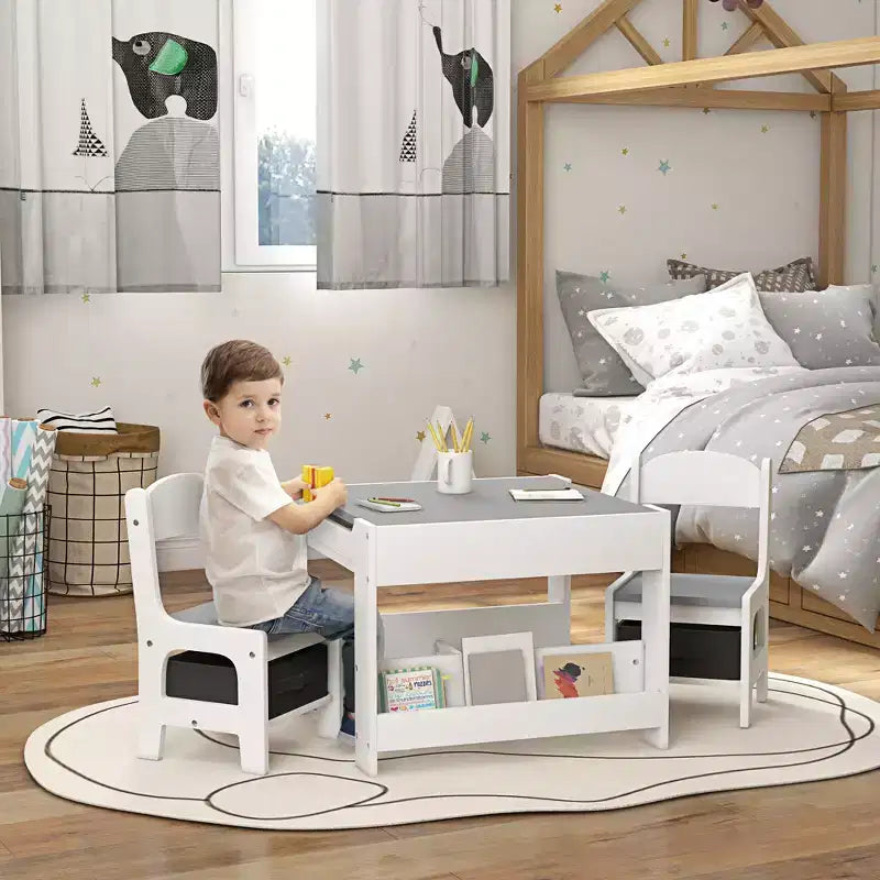 Ensemble table et chaises Qaba 3 pièces pour enfants, ensemble table et chaises pour tout-petits 2 en 1 avec plateau de table réversible tableau noir, rangement et étagères à livres