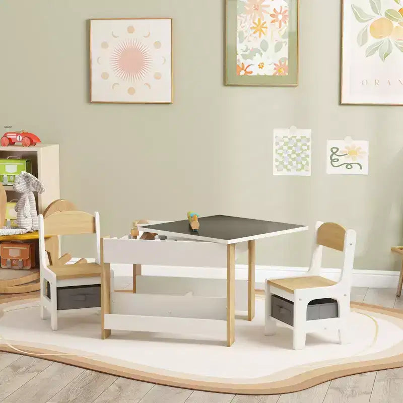 Ensemble table et chaises Qaba 3 pièces pour enfants, ensemble table et chaises pour tout-petits 2 en 1 avec plateau de table réversible tableau noir, rangement et étagères à livres