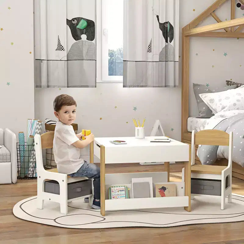 Ensemble table et chaises Qaba 3 pièces pour enfants, ensemble table et chaises pour tout-petits 2 en 1 avec plateau de table réversible tableau noir, rangement et étagères à livres
