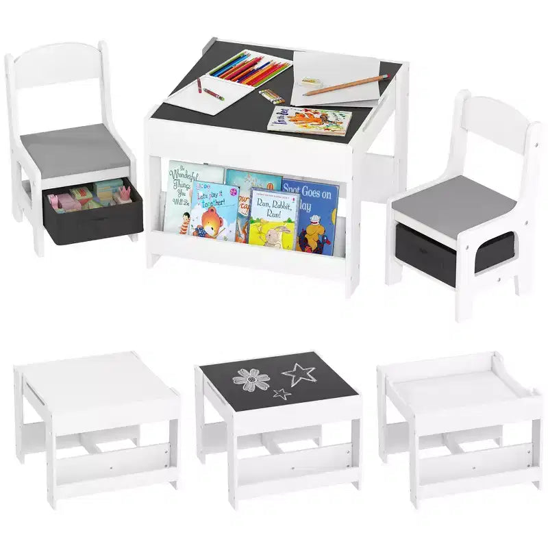 Qaba 3PCs Kids Table and Chair Set, 2 in 1 Toddler Table and Chair Set with Reversible Tabletop Blackboard, Storage & Bookshelves