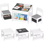 Qaba 3PCs Kids Table and Chair Set, 2 in 1 Toddler Table and Chair Set with Reversible Tabletop Blackboard, Storage & Bookshelves