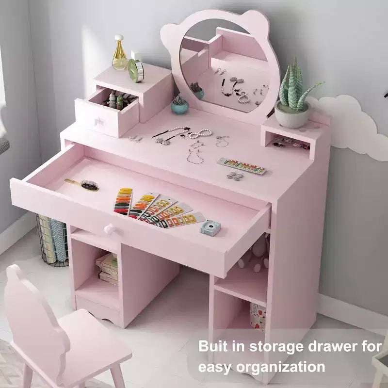 Coiffeuse enfant WhizMax, coiffeuse et chaise de princesse 2 en 1 avec tiroirs, étagères de rangement, table d'habillage pour tout-petits, rose