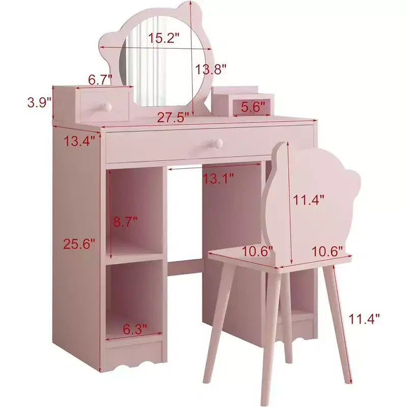 Coiffeuse enfant WhizMax, coiffeuse et chaise de princesse 2 en 1 avec tiroirs, étagères de rangement, table d'habillage pour tout-petits, rose