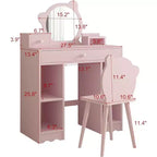 Coiffeuse enfant WhizMax, coiffeuse et chaise de princesse 2 en 1 avec tiroirs, étagères de rangement, table d'habillage pour tout-petits, rose