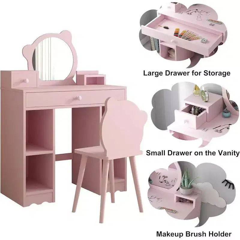 Coiffeuse enfant WhizMax, coiffeuse et chaise de princesse 2 en 1 avec tiroirs, étagères de rangement, table d'habillage pour tout-petits, rose