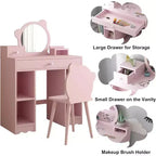 Coiffeuse enfant WhizMax, coiffeuse et chaise de princesse 2 en 1 avec tiroirs, étagères de rangement, table d'habillage pour tout-petits, rose