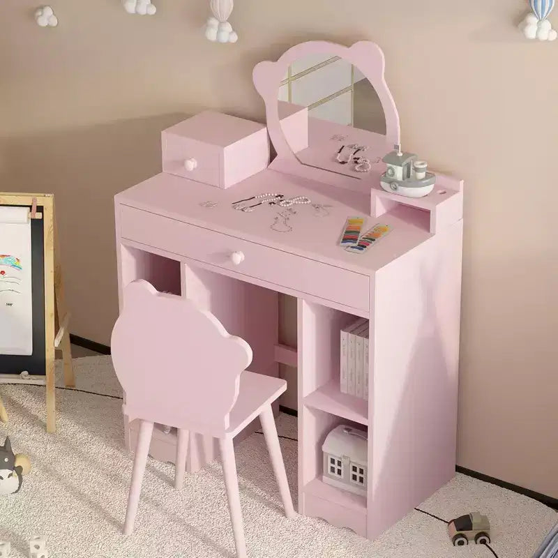 Coiffeuse enfant WhizMax, coiffeuse et chaise de princesse 2 en 1 avec tiroirs, étagères de rangement, table d'habillage pour tout-petits, rose