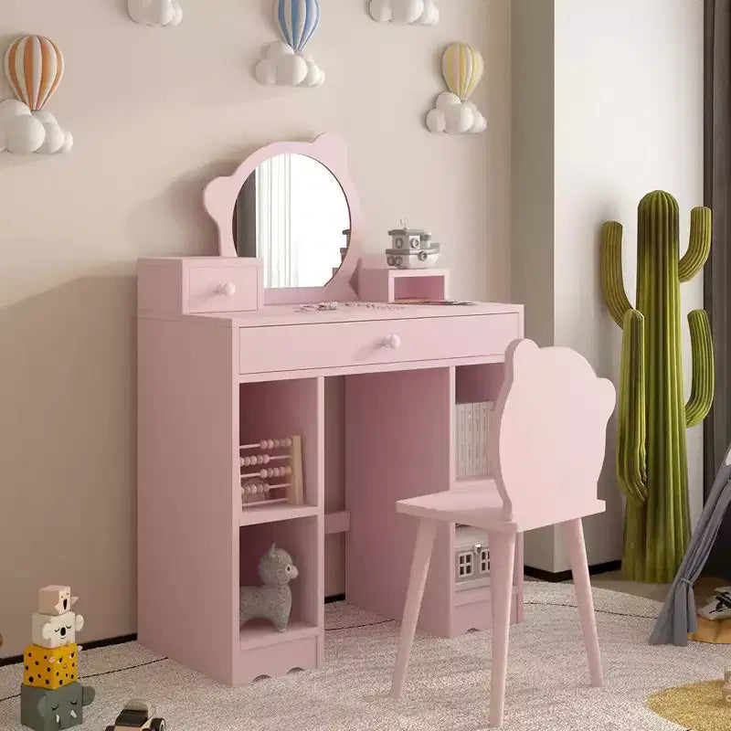 Coiffeuse enfant WhizMax, coiffeuse et chaise de princesse 2 en 1 avec tiroirs, étagères de rangement, table d'habillage pour tout-petits, rose