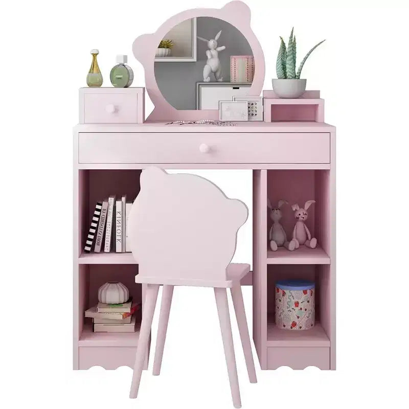 Coiffeuse enfant WhizMax, coiffeuse et chaise de princesse 2 en 1 avec tiroirs, étagères de rangement, table d'habillage pour tout-petits, rose