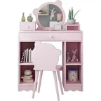 Coiffeuse enfant WhizMax, coiffeuse et chaise de princesse 2 en 1 avec tiroirs, étagères de rangement, table d'habillage pour tout-petits, rose
