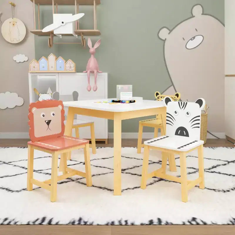 5pcs Kiddy Dining Table Sets, Kids Wood Table with 4 Cartoon Animals Chairs Set 4S - ModernLuxe