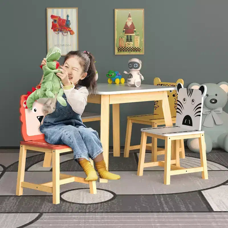 Ensemble de 5 pièces de table de salle à manger pour enfants, table en bois pour enfants avec 4 chaises animaux de dessin animé ensemble 4S - ModernLuxe