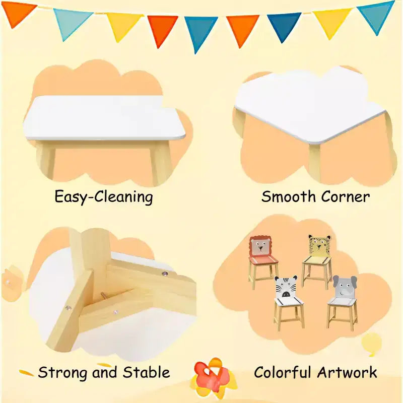 Ensemble de 5 pièces de table de salle à manger pour enfants, table en bois pour enfants avec 4 chaises animaux de dessin animé ensemble 4S - ModernLuxe
