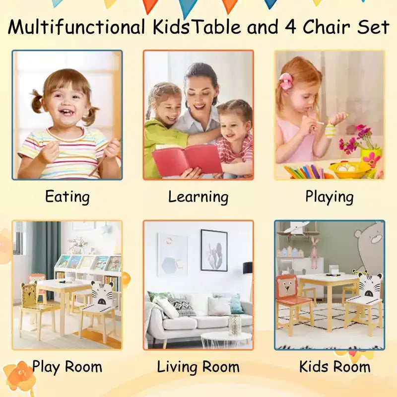 Ensemble de 5 pièces de table de salle à manger pour enfants, table en bois pour enfants avec 4 chaises animaux de dessin animé ensemble 4S - ModernLuxe