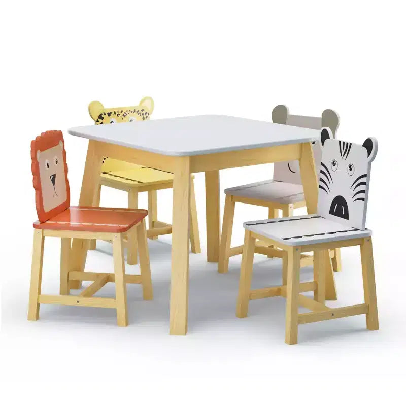Ensemble de 5 pièces de table de salle à manger pour enfants, table en bois pour enfants avec 4 chaises animaux de dessin animé ensemble 4S - ModernLuxe