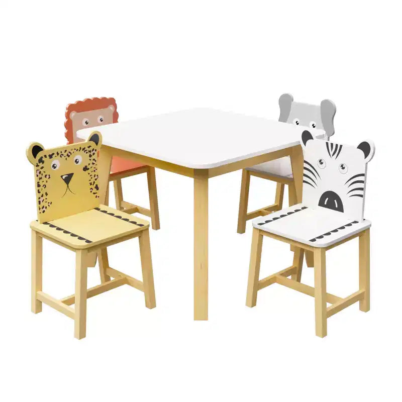 Ensemble de 5 pièces de table de salle à manger pour enfants, table en bois pour enfants avec 4 chaises animaux de dessin animé ensemble 4S - ModernLuxe