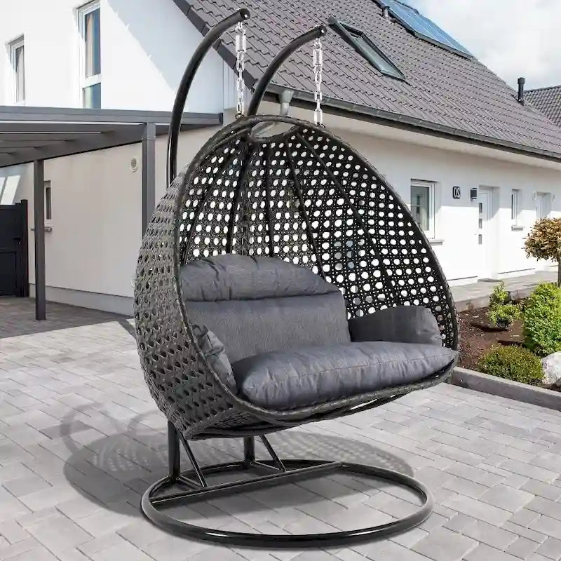 Fauteuil Suspendu Ovoïde avec Support Métallique, Cadre en Osier et Coussin – Beige / Bleu Anthracite / Blanc / Bleu / Blanc Antique / Marron / Toile, 2 Places