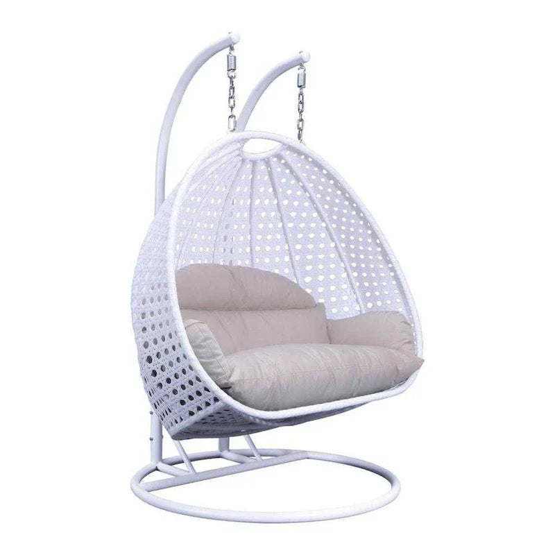 Fauteuil Suspendu Ovoïde avec Support Métallique, Cadre en Osier et Coussin – Beige / Bleu Anthracite / Blanc / Bleu / Blanc Antique / Marron / Toile, 2 Places