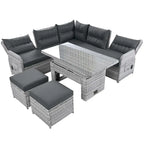 Ensemble de meubles de jardin en rotin avec table réglable, chaises longues et 2 poufs